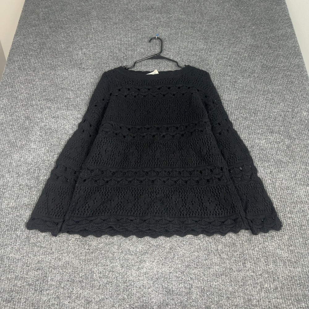 United‎ Colors of Benetton Sweater Womens L Black Crochet Knit Pointelle Italy